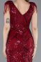 Bordo Saçaklı Kısa Kol V Yaka Uzun Boncuklu Abiye ABU5637