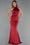 Bordo Halter Yaka Uzun Saten Balık Abiye Elbise ABU6406