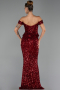 Bordo Kayık Yaka Peplum Kesim Uzun Pullu Abiye ABU6359