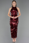 Bordo Halter Yaka Midi Pullu Abiye Elbise ABU6676