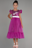 Fuşya Tokalı Üstü Pullu Barbie Kız Çocuk Abiye ABU4033