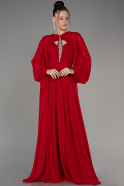 Kırmızı Uzun Kol Detay Şifon Abiye Elbise ABU4043