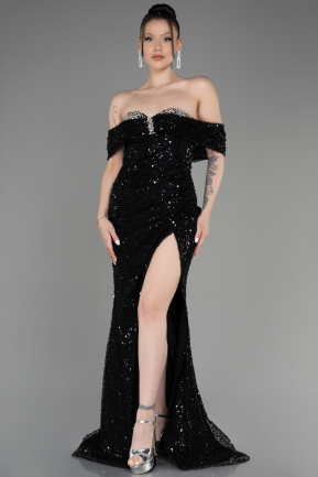 Black Slit Scaly Long Evening Gown ABU3864