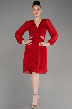 Kırmızı Uzun Kol Simli Kısa Davet Elbisesi ABK2070