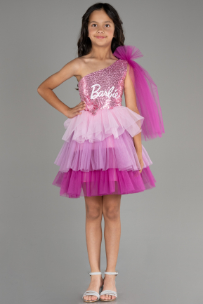 Fuşya Tek Omuz Üstü Pullu Barbie Kız Çocuk Abiye ABK2068