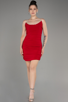 Kırmızı Sırt Dekolte Drapeli Mini Davet Elbisesi ABK2088