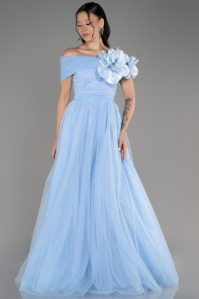 Mavi Çiçekli Kayık Yaka Uzun Prenses Model Abiye ABU3958