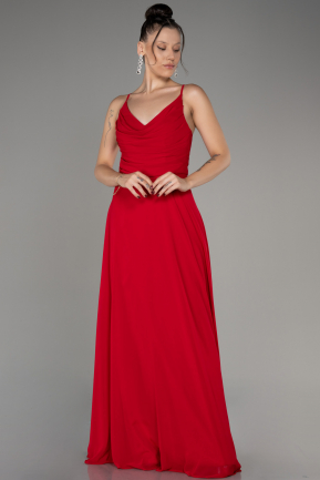 Kırmızı Degaje Yaka Uzun Şifon Abiye Elbise ABU4041