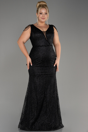 Siyah Simli Uzun Büyük Beden Nişan Elbisesi ABU4056