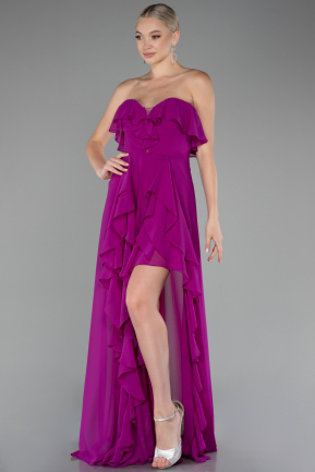 Violet Straplez Yırtmaçlı Uzun Şifon Mezuniyet Elbisesi ABU3838