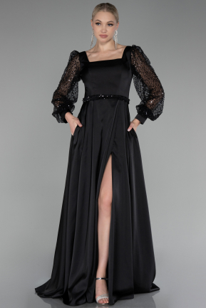 Siyah Pullu Uzun Kol Yırtmaçlı Saten Abiye Elbise ABU4121