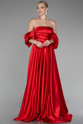 Kırmızı Straplez Kol Detay Uzun Saten Mezuniyet Elbisesi ABU4132