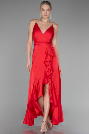 Kırmızı Önü Kısa Arkası Uzun Saten Mezuniyet Elbisesi ABO109