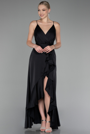Siyah Önü Kısa Arkası Uzun Saten Mezuniyet Elbisesi ABO109